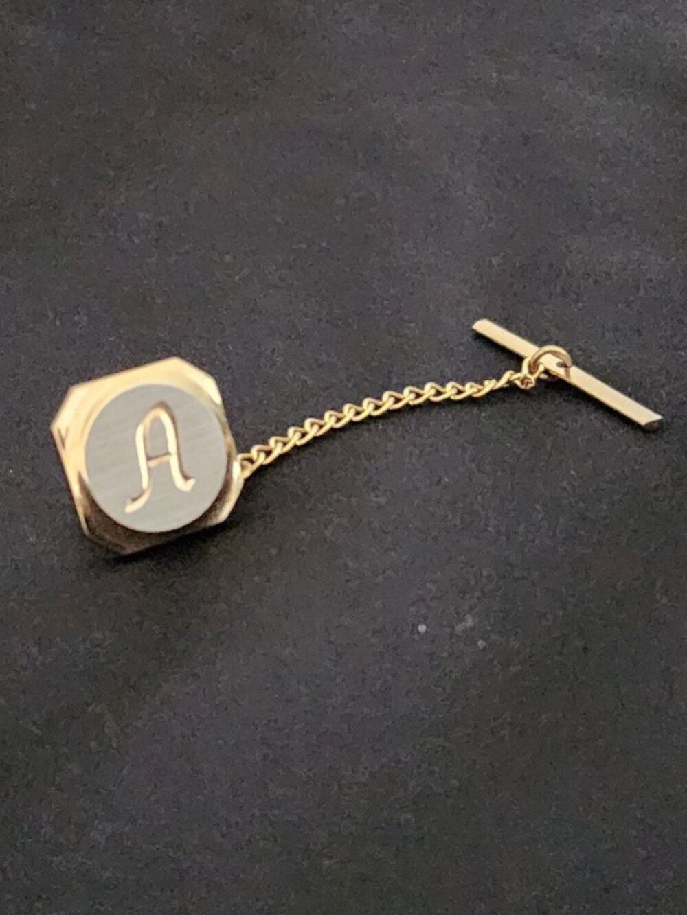 Vintage Gold-Tone Monogram "A" Tie Tack with Chain